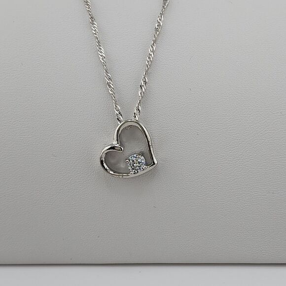 Sterling Silver Plated CZ Heart Pendant, Sterling Silver Chain Necklace 18" - Picture 2 of 7
